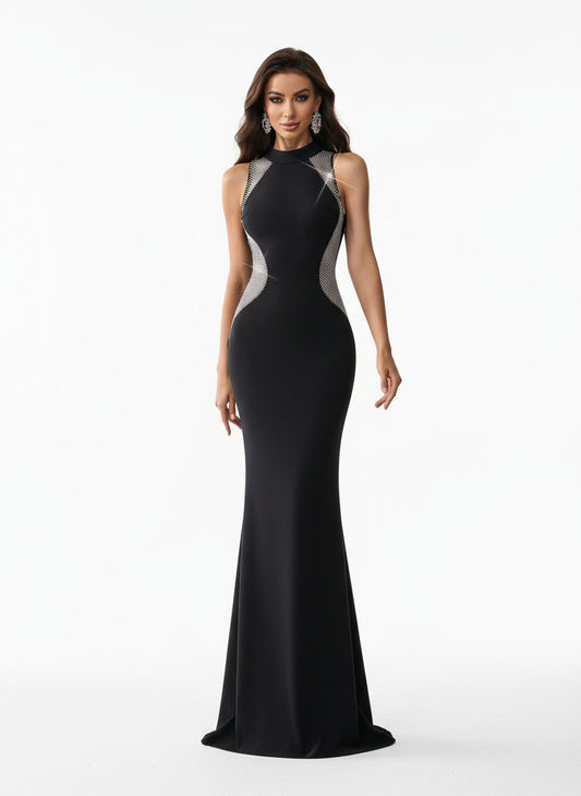 Stalluxe | Schickes Schwarzes Mesh-Abendkleid mit Kontrast und Schlitz