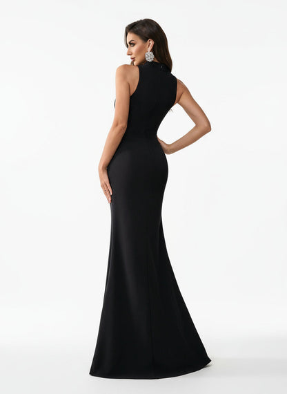 Stalluxe | Schickes Schwarzes Mesh-Abendkleid mit Kontrast und Schlitz