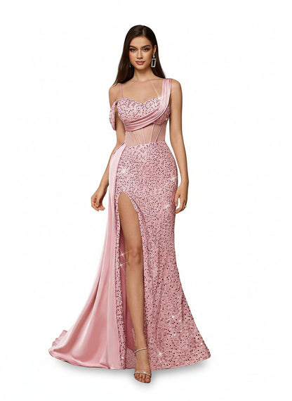 Stalluxe | Romantisches Schulterfreies Pailletten-Abendkleid mit Hohem Schlitz