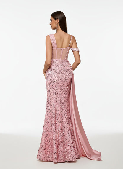 Stalluxe | Romantisches Schulterfreies Pailletten-Abendkleid mit Hohem Schlitz