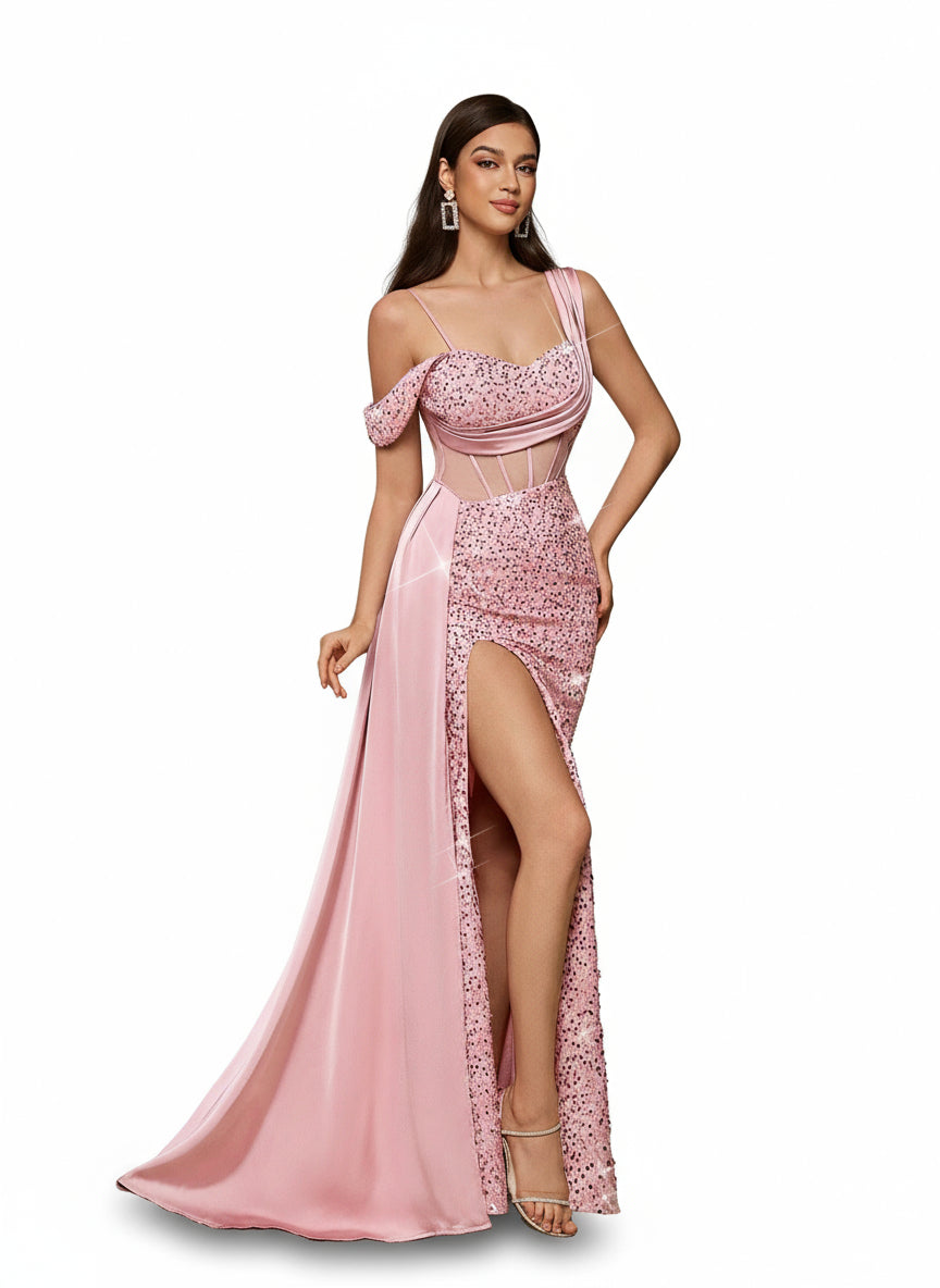Stalluxe | Romantisches Schulterfreies Pailletten-Abendkleid mit Hohem Schlitz