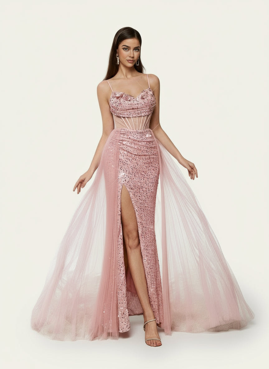 Stalluxe | Süßes Rosa Rückenfreies Pailletten-Abendkleid mit Hohem Schlitz