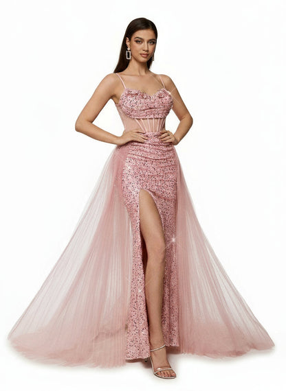 Stalluxe | Süßes Rosa Rückenfreies Pailletten-Abendkleid mit Hohem Schlitz