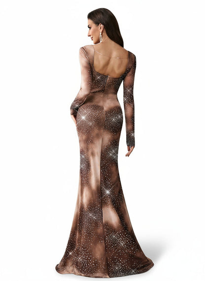 Stalluxe | Elegantes Abendkleid mit Strass und Langarm, Quadratischer Ausschnitt