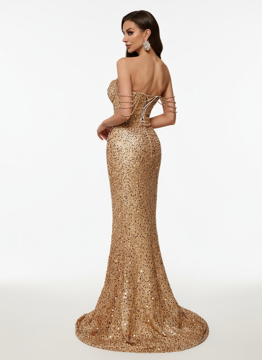 Stalluxe | Luxuriöses Rückenfreies Meerjungfrauen-Abendkleid mit Pailletten und Perlen