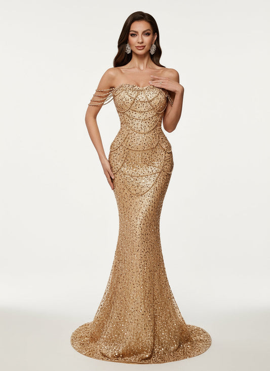 Stalluxe | Luxuriöses Rückenfreies Meerjungfrauen-Abendkleid mit Pailletten und Perlen