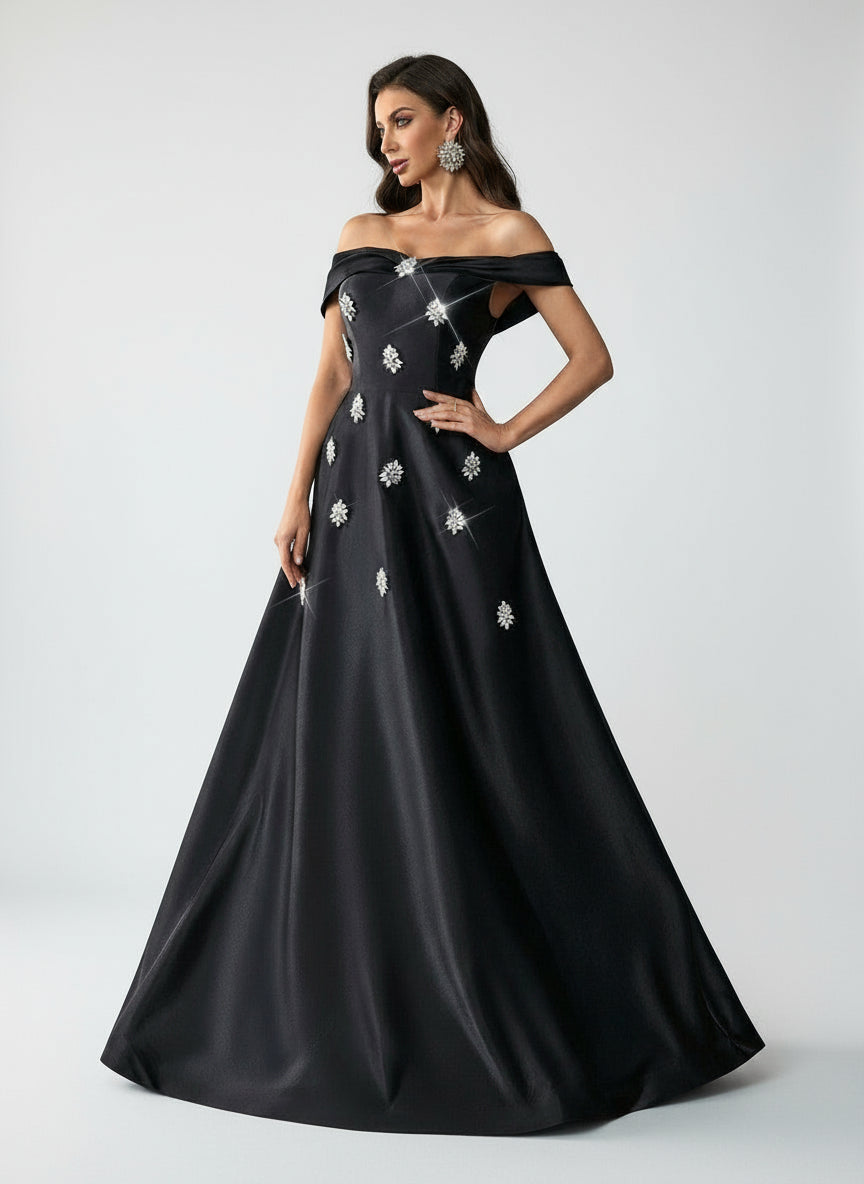 Stalluxe | Glamouröses Schulterfreies Strass Trägerloses Maxi Kleid