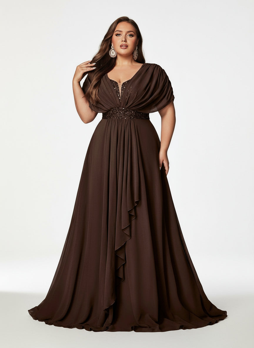 Stalluxe | Anmutiges Chiffon-Abendkleid mit Pailletten und Kurzarm Kaffeebraun