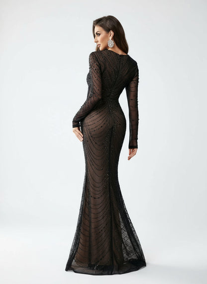 Stalluxe | Klassisches Schwarzes Strass Quadratkragen Langarm Abendkleid