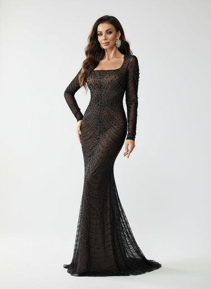 Stalluxe | Klassisches Schwarzes Strass Quadratkragen Langarm Abendkleid