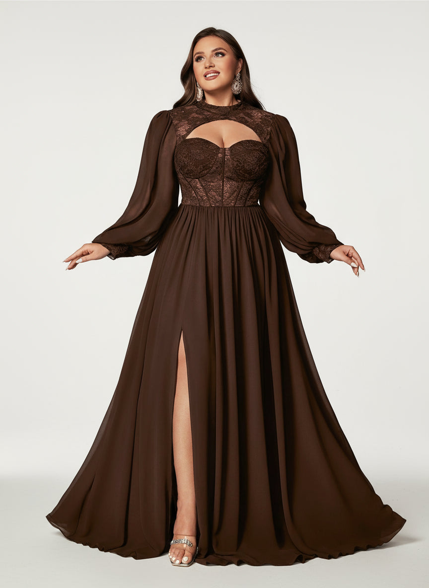 Stalluxe | Anmutiges Chiffon-Abendkleid mit Spitzenoberteil und Langarm SchokoLadenbraun