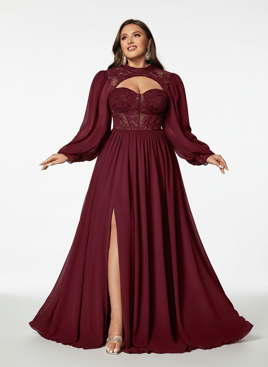 Stalluxe | Anmutiges Chiffon-Abendkleid mit Spitzenoberteil und Langarm Weinrot