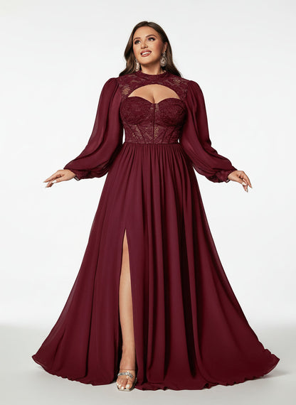 Stalluxe | Anmutiges Chiffon-Abendkleid mit Spitzenoberteil und Langarm Weinrot