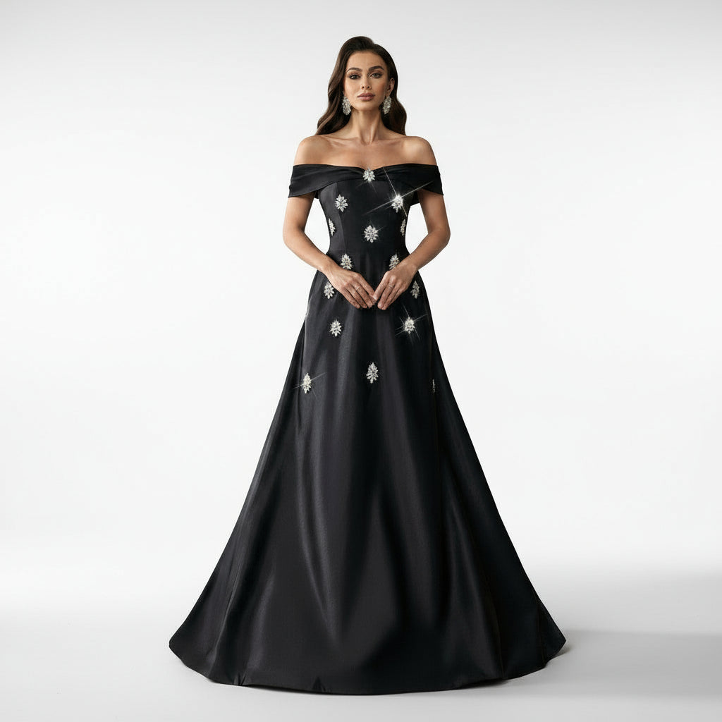 Stalluxe | Glamouröses Schulterfreies Strass Trägerloses Maxi Kleid