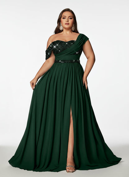 Stalluxe | Anmutiges Schulterfreies Chiffonkleid mit Pailletten und Schlitz DunkeLgrün