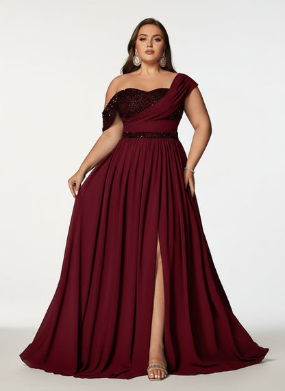 Stalluxe | Anmutiges Schulterfreies Chiffonkleid mit Pailletten und Schlitz Weinrot