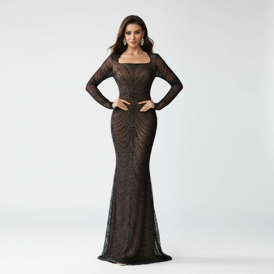 Stalluxe | Klassisches Schwarzes Strass Quadratkragen Langarm Abendkleid