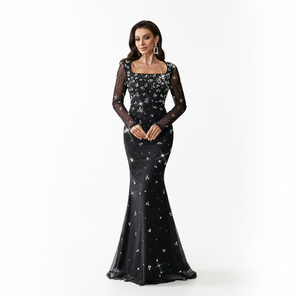 Stalluxe | Schickes Perlen Strass Quadratkragen Enges Abendkleid