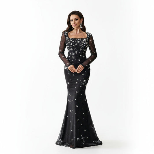 Stalluxe | Schickes Perlen Strass Quadratkragen Enges Abendkleid