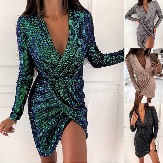 Damen Funkelndes Cocktailkleid mit V-Ausschnitt und langen Ärmeln Stalluxe