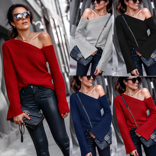 Damen asymmetrischer Grobstrickpullover mit lässigen Bellärmeln Stalluxe