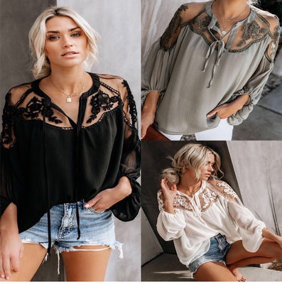 Damen elegante Bluse mit floralem Spitzenbesatz Stalluxe