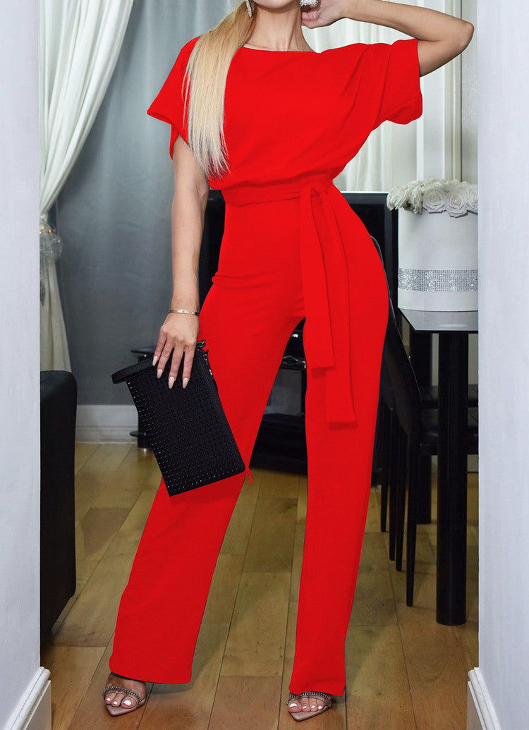 Damen Eleganter Jumpsuit mit breiten Beinen und Taillengürtel Stalluxe