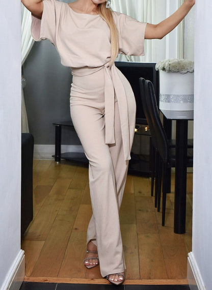 Damen Eleganter Jumpsuit mit breiten Beinen und Taillengürtel Stalluxe