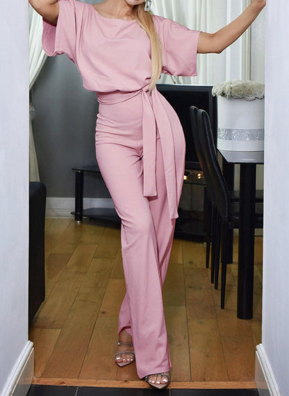 Damen Eleganter Jumpsuit mit breiten Beinen und Taillengürtel Stalluxe