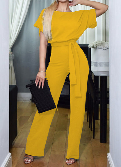 Damen Eleganter Jumpsuit mit breiten Beinen und Taillengürtel Stalluxe