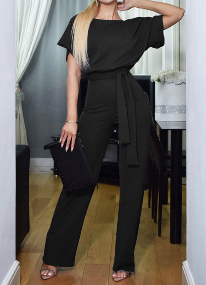 Damen Eleganter Jumpsuit mit breiten Beinen und Taillengürtel Stalluxe