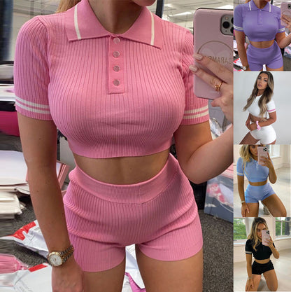 Damen Sportliches Kurzarm-Set mit hohen Bund und strukturiertem Stoff Stalluxe
