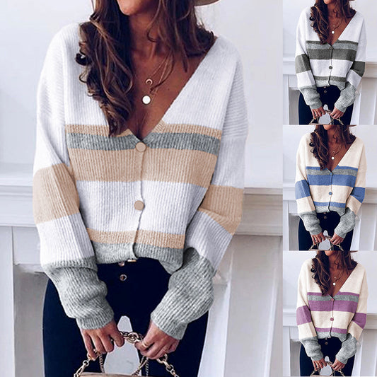 Damen modischer Strickcardigan mit V-Ausschnitt und trendigen Farbblockstreifen Stalluxe