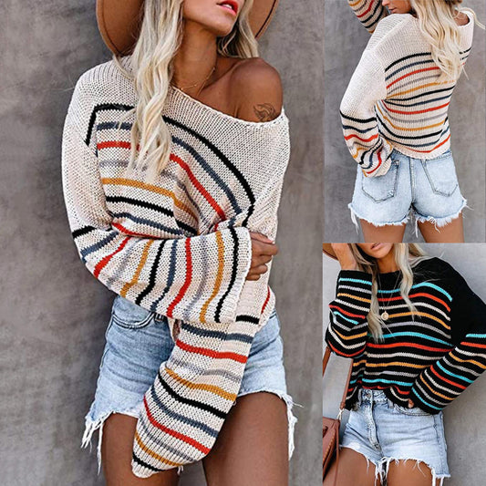 Damen Off-Shoulder Strickpullover mit buntem Streifenmuster Stalluxe