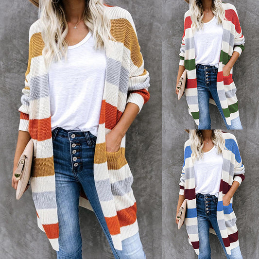 Damen Lässiger Strickmantel mit modernen Streifen und tiefen Taschen Stalluxe