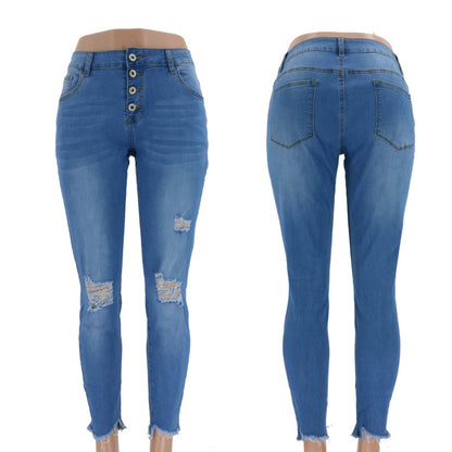 Damen Skinny Jeans mit hohen Bund und stylischen Rissen Stalluxe Hellblau