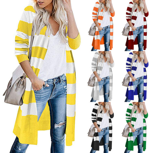 Damen Lange Strickjacke mit Streifen-Muster und offenen Front Stalluxe