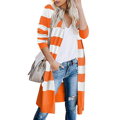 Damen Lange Strickjacke mit Streifen-Muster und offenen Front Stalluxe