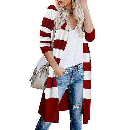 Damen Lange Strickjacke mit Streifen-Muster und offenen Front Stalluxe