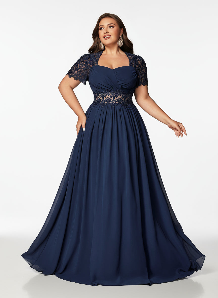 Stalluxe | Edles Marineblaues Chiffon-Abendkleid mit Spitze und Puffärmeln