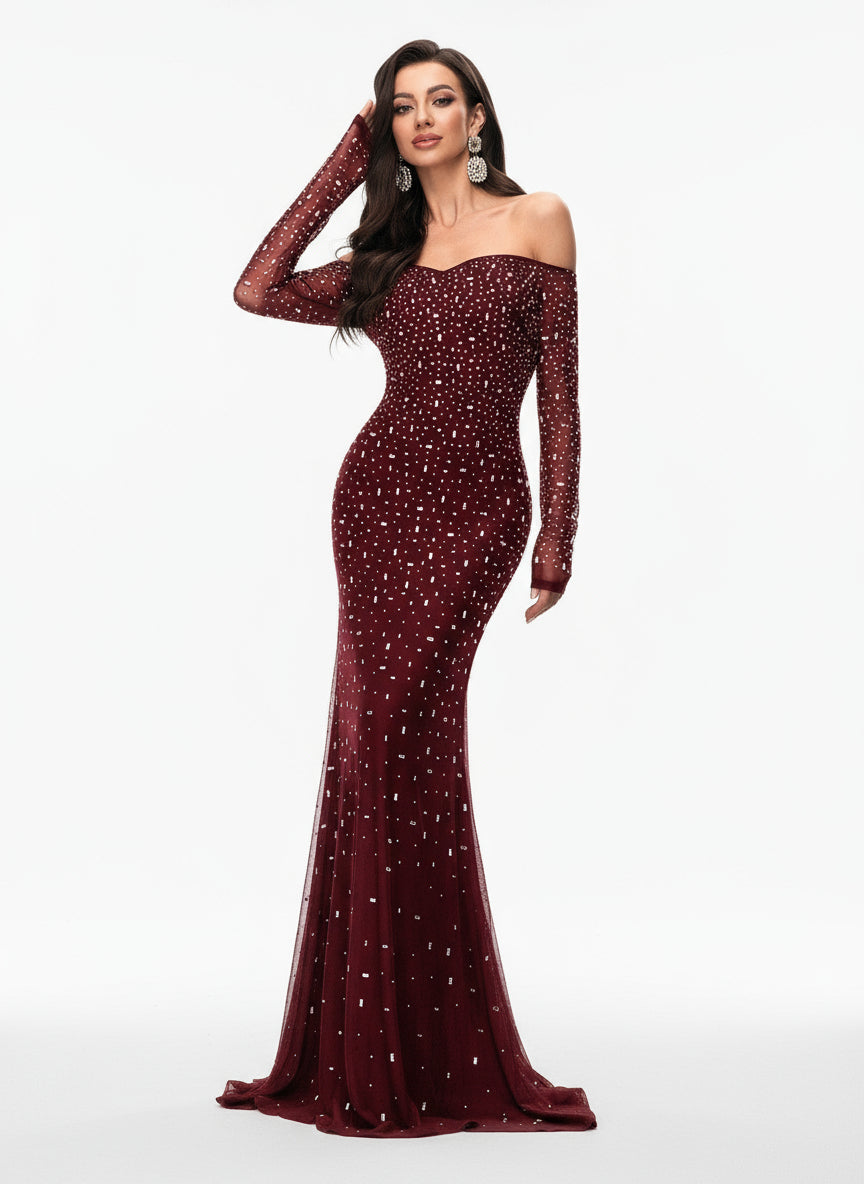 Stalluxe | Elegantes Schwarzes Abendkleid mit Cold-Shoulder-Design und Strass, Bodenlang