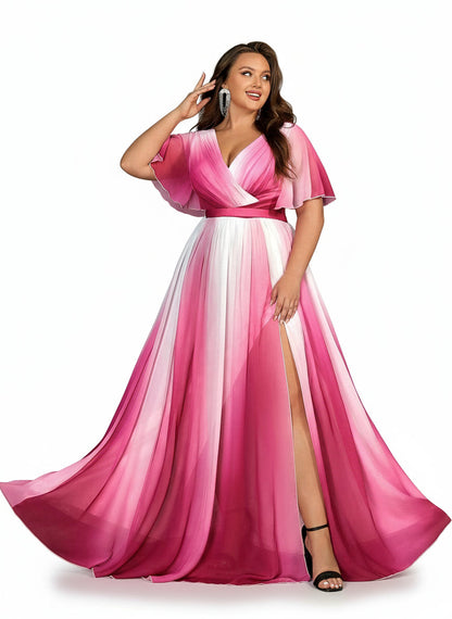 Stalluxe | Elegantes Rosenrotes Abendkleid mit V-Ausschnitt und Rüschen