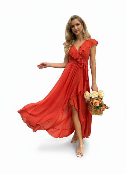 Stalluxe | Stilvolles Korallenoranges Brautjungfernkleid mit V-Ausschnitt und Volantärmeln
