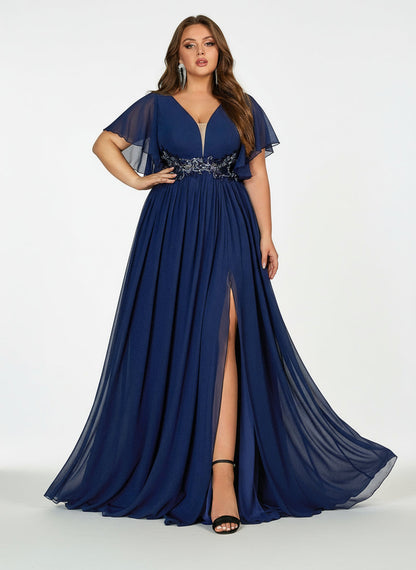 Stalluxe | Stilvolles Marineblaues Abendkleid mit V-Ausschnitt und Kurzarm