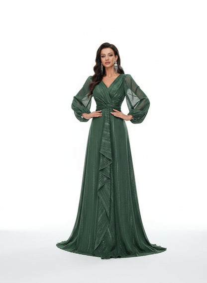 Stalluxe | Elegantes Dunkelgrünes Abendkleid mit V-Ausschnitt und Verzierungen