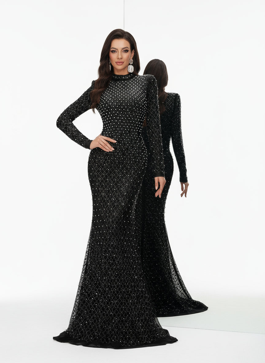 Stalluxe | Elegantes Schwarzes Abendkleid mit Strass und Rundhalsausschnitt, Langarm