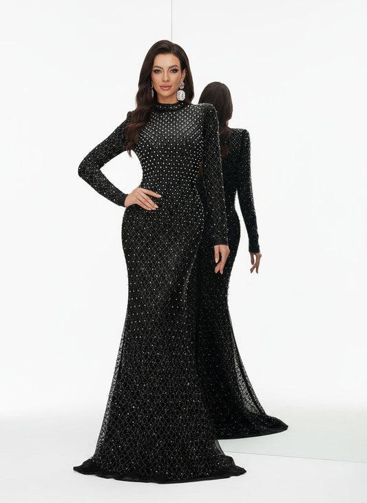 Stalluxe | Elegantes Schwarzes Abendkleid mit Strass und Rundhalsausschnitt, Langarm