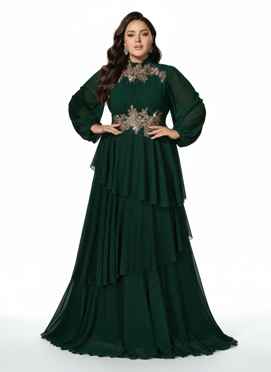 Stalluxe | Edles Dunkelgrünes Chiffon-Abendkleid mit Lagenrock und Langarm