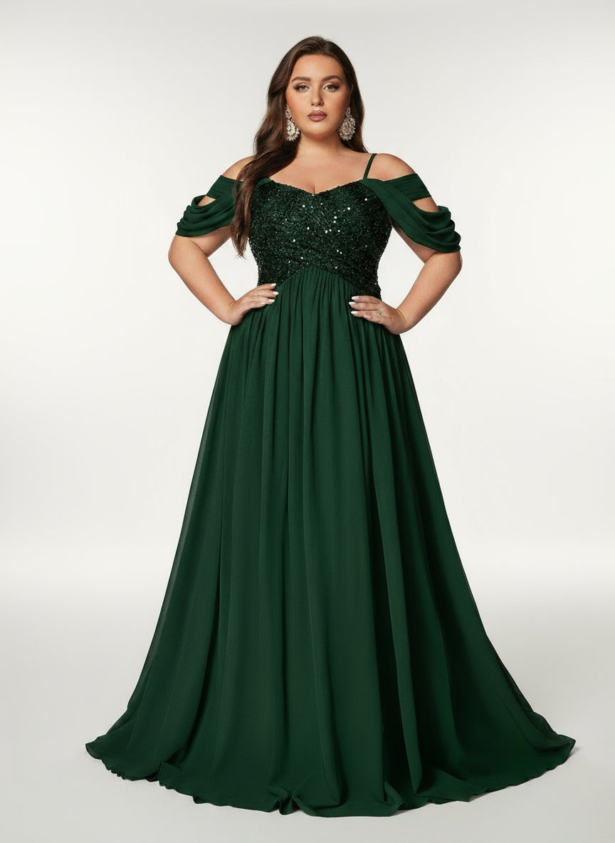 Stalluxe | Modisches Marineblaues Abendkleid aus Chiffon mit Pailletten und Schulterfreiem Design