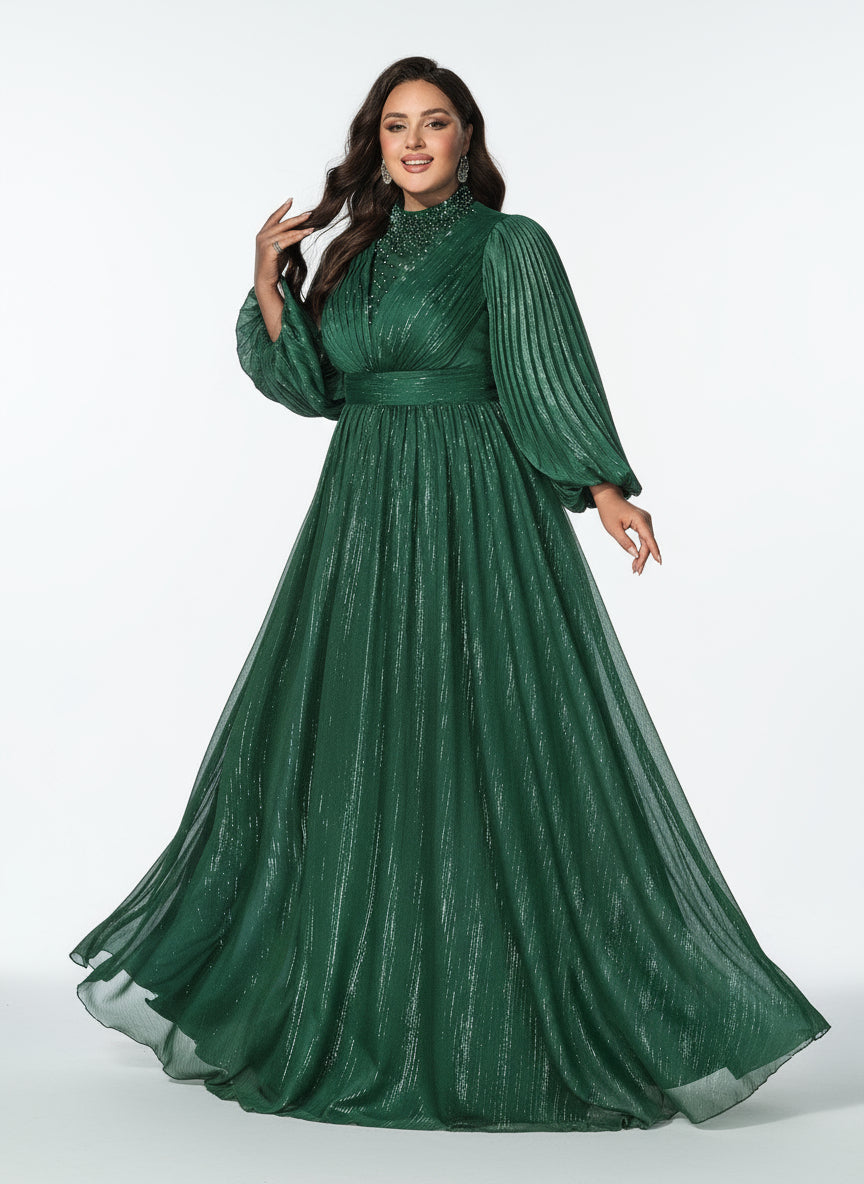 Stalluxe | Klassisches Dunkelgrünes Abendkleid mit Reißverschluss, Stehkragen und Laternenärmeln